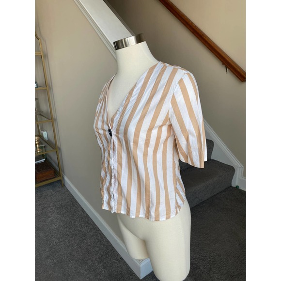 Mango white/tan striped button down short sleeve shirt, size XS - Picture 4 of 12